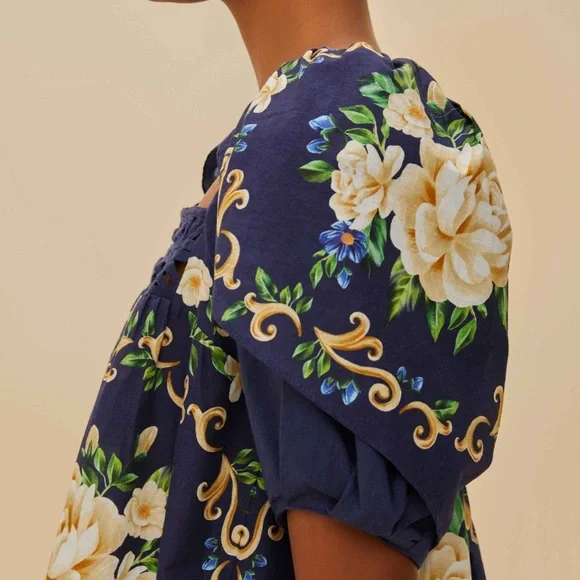 Farm Rio: Blue Flower Tapestry Yoke Blouse - Picture 3 of 6